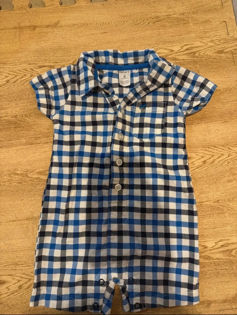 Carter's Blue, White and Black Plaid Button Romper